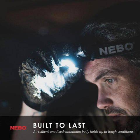 Man wearing Transcend 1000 Lumen Rechargeable Headlamp With 5 Light Modes and Detachable Magnetic Work Light in dark setting.