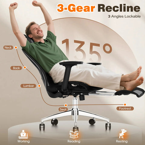 Man on ergonomic office chair with footrest and 135 degree recline, showing lumbar support and 3D armrests with large steel base