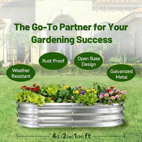 Galvanized Raised Garden Bed Kit 4x2x1 Ft Outdoor Oval Planter Box with vegetables and flowers in front of house