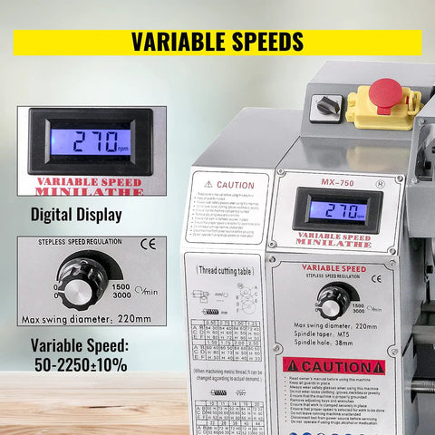 Precision Mini Metal Lathe Machine With 550 Watt Brush Motor, 2500 RPM Benchtop Woodworking Milling Tool Including 3 Jaw Chuck displaying variable speed settings and digital readout.