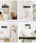 Compact Wall Mount Key Holder With Tray And Six Hooks Black Finish Easy Two Mount Options With Adhesive Tape Or Screws Durable Key Organizer For Entryway Or Kitchen That Keeps Keys And Small Accessories In Check And Ready To Grab in various room settings