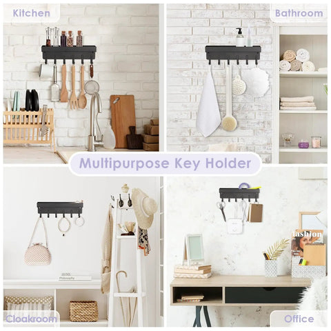 Compact Wall Mount Key Holder With Tray And Six Hooks Black Finish Easy Two Mount Options With Adhesive Tape Or Screws Durable Key Organizer For Entryway Or Kitchen That Keeps Keys And Small Accessories In Check And Ready To Grab in various room settings