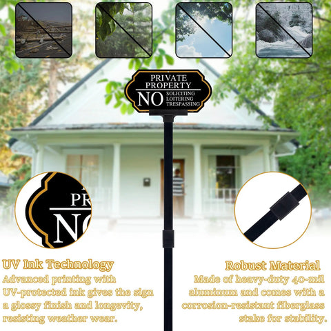 No Trespassing No Soliciting Sign With Stake For Outdoor Private Property 14x7 Inch Aluminum Sign UV Printed Fade Resistant Rust Free 37 Inch High Stake Perfect For Home Yard Driveway CCTV And Small Business displayed in front of a house with close-up details.