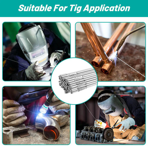 Sixty Pieces ER4043 Aluminum TIG Welding Rods One Sixteenth Inch By Sixteen Inch shown in various welding applications