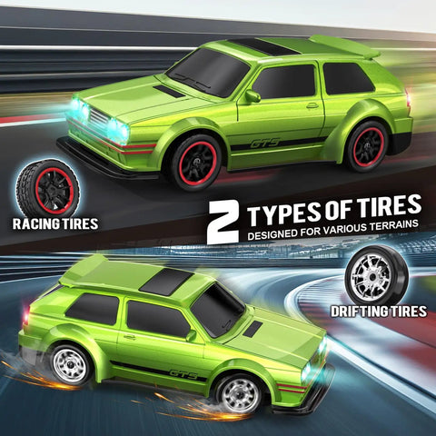 1 To 43 Scale Mini RC Drift Car With Gyro And 4WD Full Proportional Control, featuring two tire types for racing and drifting.