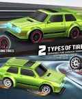 Proportional One Forty Third RC Drift Car With Gyro, 4WD Drive, lime green color, two types of tires shown, street racing ready.