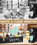 Before and after of Farmhouse Coffee Bar Organizer For Countertop With Cup Holder And Pod Storage Basket Black Finish setup