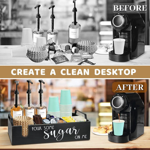 Before and after of Farmhouse Coffee Bar Organizer For Countertop With Cup Holder And Pod Storage Basket Black Finish setup