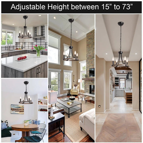 Black Farmhouse Chandelier With 4 Lights Round Wagon Wheel Pendant Fixture Delivering Rustic Industrial Vibe Adjustable Height Perfect For Dining Room Foyer Living Room And Entryway