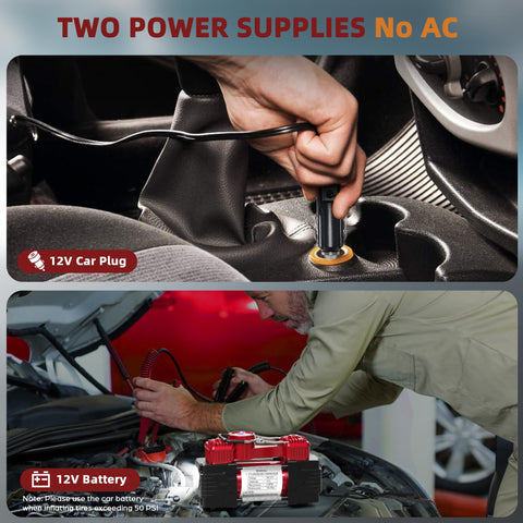Power options for Beefy Dual Cylinder Tire Inflator Air Compressor 150 PSI 12V DC Portable Car Pump With LED Light