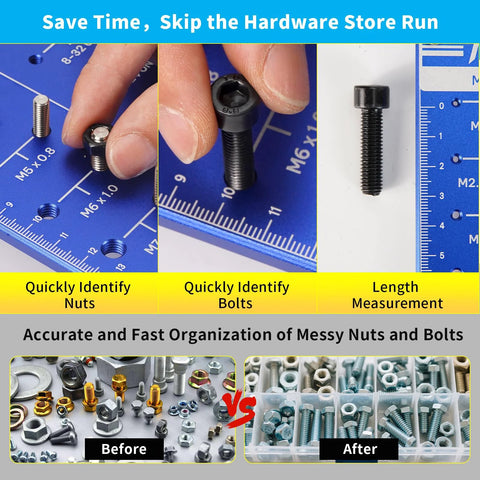 NAMOKA wall-mounted thread checker board for nuts and bolts; identifies 31 SAE and Metric sizes.