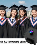 High Speed USB Autofocus Camera For PC And Laptop With 1080P 120FPS 12MP Sensor IMX577 100 Degree Wide Angle Lens displayed next to graduates.