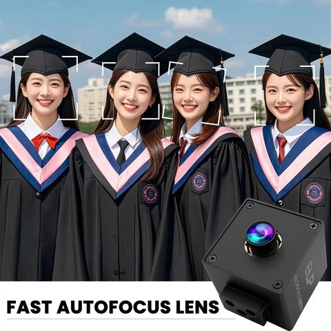 High Speed USB Autofocus Camera For PC And Laptop With 1080P 120FPS 12MP Sensor IMX577 100 Degree Wide Angle Lens displayed next to graduates.
