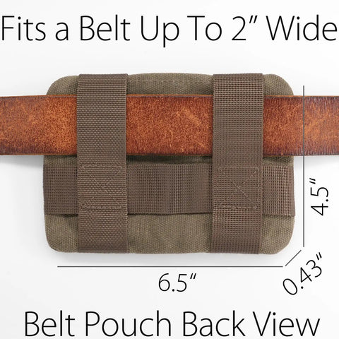 Low Profile Belt Zipper Pouch For Men And Women, Compact EDC Waist Pack With YKK Zipper, back view on belt, waxed canvas olive