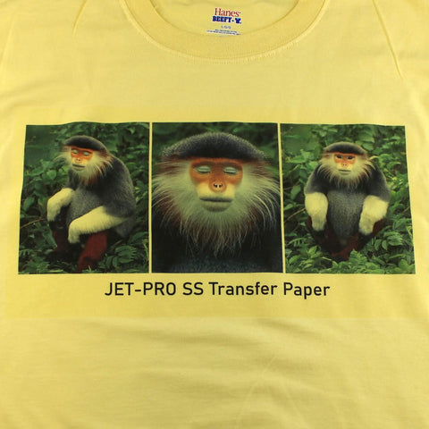 Three monkeys printed on yellow t-shirt using Jet Pro Soft Stretch Heat Transfer Paper For Inkjet Printers White 8.5 By 11 Inches 100 Sheets