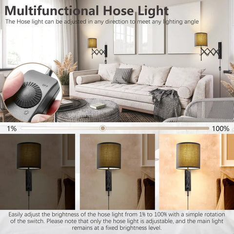 Plug In LED Wall Sconce Set Of 2 In Dark Grey Cool Modern Bedroom Lamps With Edison Bulb Included Energy Saving Easy Two Screw Install Slim Contemporary Wall Lighting For Living Room And Hallway in a cozy living room setting with adjustable brightness feature.