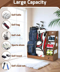 Double Golf Bag Storage Rack For Two Full-Size Bags, Sturdy Wooden Organizer with Shoe Shelves, Ball Holder and Drawer shown neatly storing golf gear in a room.