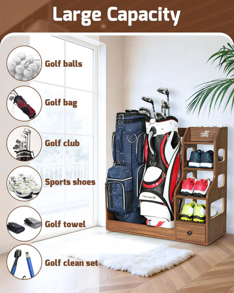 Double Golf Bag Storage Rack For Two Full-Size Bags, Sturdy Wooden Organizer with Shoe Shelves, Ball Holder and Drawer shown neatly storing golf gear in a room.