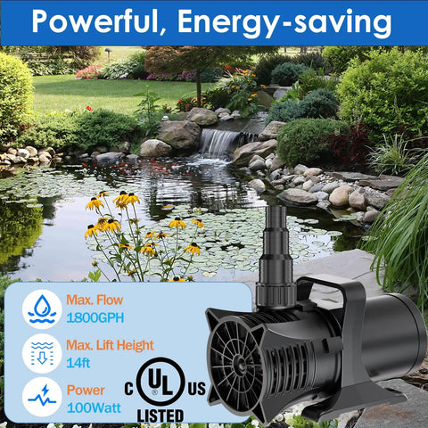 Beast 1800GPH Submersible Water Pump For Pond, Fountain, Waterfall And Hydroponics UL Certified, shown by a garden pond