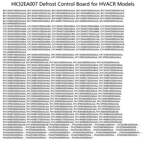 HK32EA007 Defrost Control Board compatibility list for HVACR models and systems.