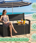 80 Gallon Outdoor Storage Bench Deck Box Waterproof Resin Lockable UV Resistant Garden Furniture for Porch Patio Poolside Black Cushion Included
