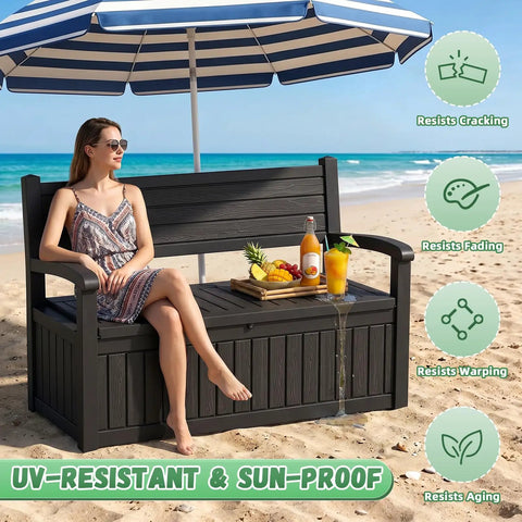 80 Gallon Outdoor Storage Bench Deck Box Waterproof Resin Lockable UV Resistant Garden Furniture for Porch Patio Poolside Black Cushion Included