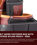 Heavy Duty Belt Worn Fastener Bag With Full Grain Leather And Durable Nylon Pouch Hybrid Design For Pros On The Jobsite With Six Pockets And Tool Holders Built For Tough Days Made In USA, close-up view