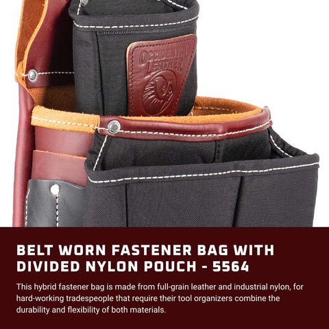 Heavy Duty Belt Worn Fastener Bag With Full Grain Leather And Durable Nylon Pouch Hybrid Design For Pros On The Jobsite With Six Pockets And Tool Holders Built For Tough Days Made In USA, close-up view