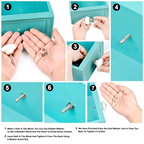 Step-by-step installation of Six Piece Cream Crackle Ceramic Cabinet Knobs Set For Drawers And Dressers on turquoise drawer.