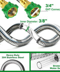 3/4 inch GHT threads 2-foot female to female garden hose connector with metal reel adapter, stainless steel, kink-free