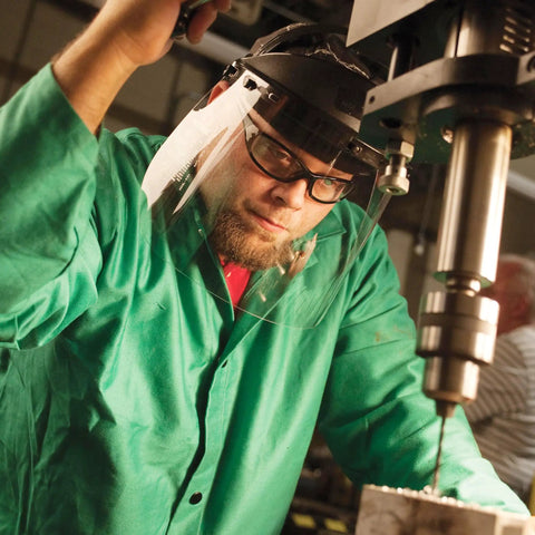 Man wearing Hellraiser Safety Glasses With Clear Lenses And Black Frame For Indoor Work 99.9 Percent UV Protection UVA UVB UVC in workshop