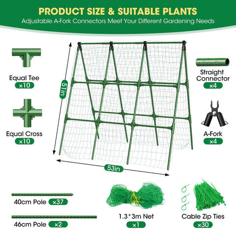 Heavy Duty 51 By 53 Inch A Frame Garden Trellis For Raised Beds with netting, connectors, and zip ties shown in diagram.
