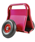 No Sweat Heavy Duty Panel Dolly Cart With One Thousand Pound Capacity And Ten Inch Reliable Solid Rubber Tires For Easy Drywall Loads Heavy Door Slides And Contractor Gear Runs In Glossy Red, showing the cart's sturdy frame and wheel.