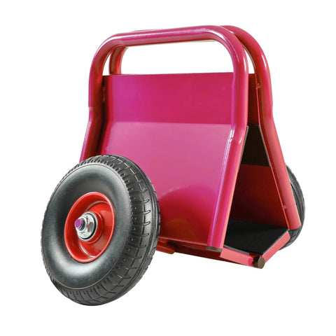 No Sweat Heavy Duty Panel Dolly Cart With One Thousand Pound Capacity And Ten Inch Reliable Solid Rubber Tires For Easy Drywall Loads Heavy Door Slides And Contractor Gear Runs In Glossy Red, showing the cart's sturdy frame and wheel.
