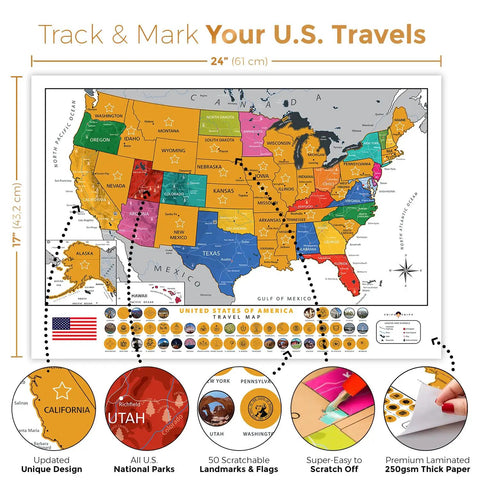 Scratch Off USA Map Wall Poster With All 63 National Parks 50 Landmarks And State Flags 24x17 Travel Tracker in color showcasing size and features