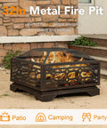 32 Inch Outdoor Wood Burning Fire Pit with Mesh Cover and Fire Poker Large Square Metal Fireplace for patio gathering