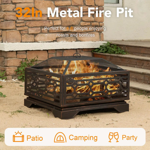 32 Inch Outdoor Wood Burning Fire Pit with Mesh Cover and Fire Poker Large Square Metal Fireplace for patio gathering