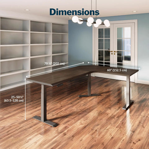 L Shape Electric Standing Desk With Height Adjustable Sit Stand Design For Corner Office Reversible Left Right Layout No Sweat Setup dimensions in a modern room