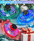 Dope LED Spinner Kids Drone Toy With 2026 Upgrade Hand Operated Fidget Flying Spinner, colorful lights next to gift boxes.