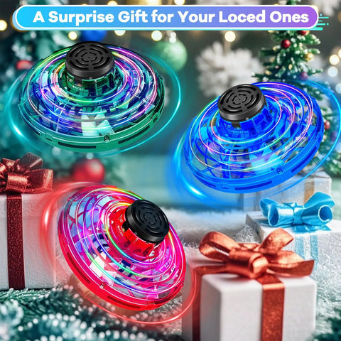 Dope LED Spinner Kids Drone Toy With 2026 Upgrade Hand Operated Fidget Flying Spinner, colorful lights next to gift boxes.