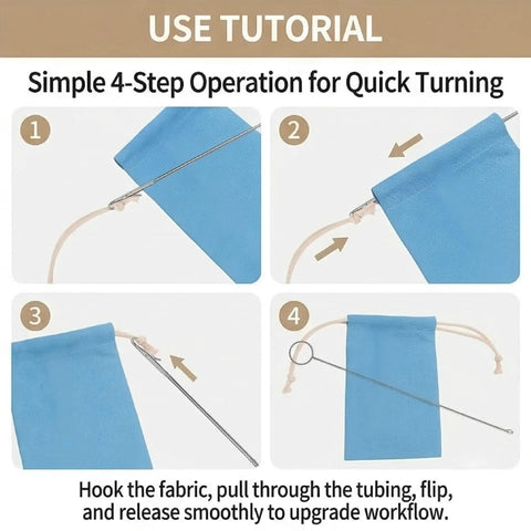 Four-step tutorial using Five Piece Loop Turner Sewing Tool Set With 10.43 Inch Stainless Steel Hooks With Latch for fabric tubing.