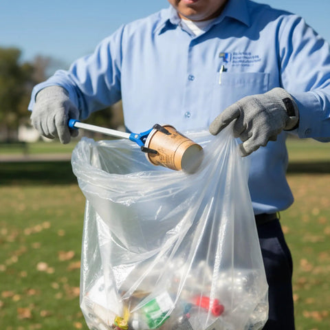 Person using 33 Gallon Clear Trash Liners, Heavy Duty High Density Garbage Bags, 33 By 40 Inches, 500 Count, Leak Proof And Tear Resistant