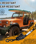 Heavy Duty Auto Retracting Tie Down Straps With Soft Loops, 1 Inch By 12 Feet, 1800 Pound Load Capacity, featured with orange jeep and surfboard.