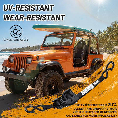 Heavy Duty Auto Retracting Tie Down Straps With Soft Loops, 1 Inch By 12 Feet, 1800 Pound Load Capacity, featured with orange jeep and surfboard.