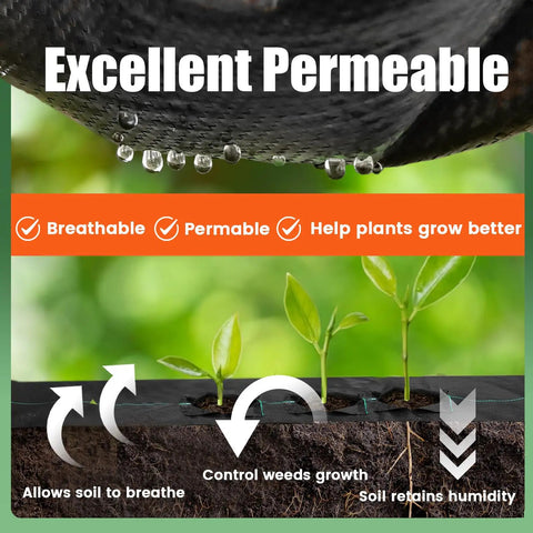 Close-up view of "Tough As Nails Heavy Duty Woven Weed Barrier Fabric Ground Cover Mat 5 x 10 Feet Three Pack For Your Yard And Garden Landscape Permeable Weed Blocker With Air And Water Flow Keeps Weeds Out While Feeding Plants" demonstrating permeability with plant growth.