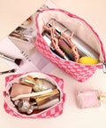 Large Checkered Makeup Bag Canvas Cosmetic Organizer For Travel And Daily Use Rose Red Design Big Capacity Fits Makeup Brushes Lipsticks