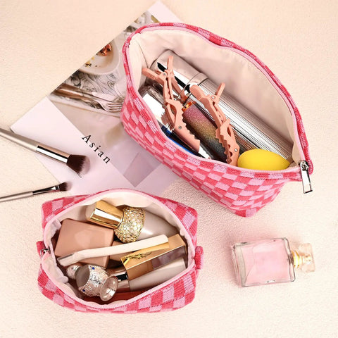 Large Checkered Makeup Bag Canvas Cosmetic Organizer For Travel And Daily Use Rose Red Design Big Capacity Fits Makeup Brushes Lipsticks
