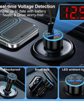 90W USB C Car Charger With 5 Fast Charge Ports And Digital Voltmeter Display showing real-time voltage detection and LED display.