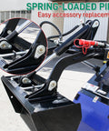Spring-loaded pins on 22 HP Mini Skid Steer Loader with dual cooling in focus, showing attachment mount details
