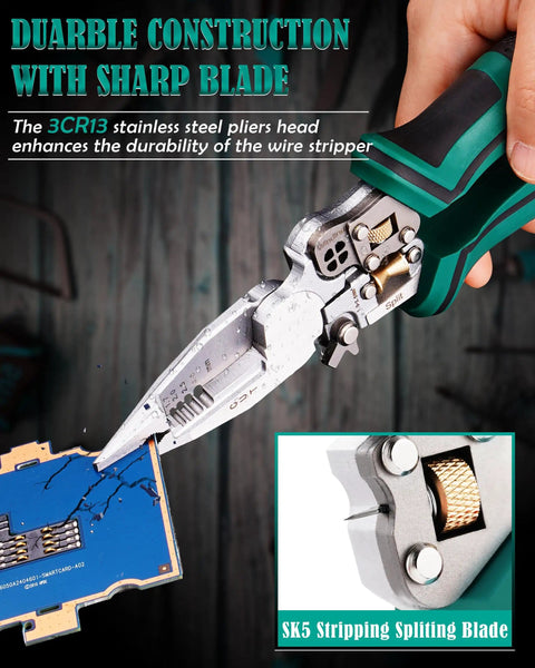 8 In 1 Wire Stripper Tool With Voltage Tester For 10-18 AWG cutting circuit board with sharp blade and pliers detail